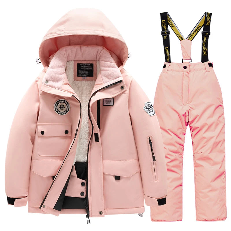 Winter children's skiing suit for boys and girls, windproof and waterproof thick coat for warmth and snow playing equipment