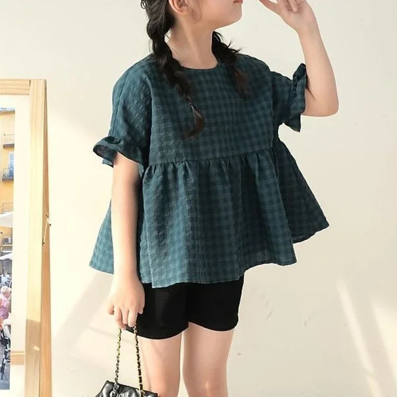 Girls' Doll Shirt 2025 Summer New Style Children's Checkered Short Sleeved Shirt Baby Retro