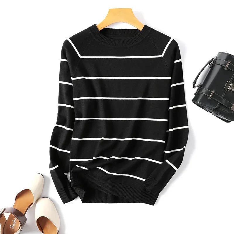 2025 New Long Sleeve Striped Pullover Women Sweater Knitted Sweaters O-Neck Tops Korean Pull Jumper Female Tailor-made T-Shirts