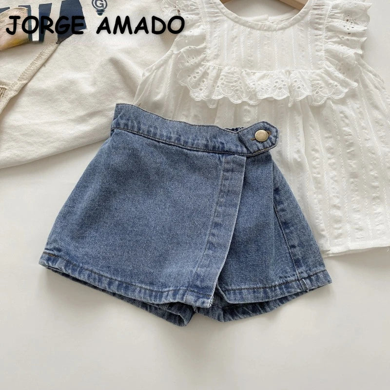 New Summer Kids Girl Shorts Solid Color Elastic Waist Button Soft Denim Culotte Children Versatile Clothing H5515