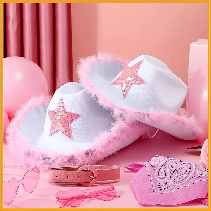 Accesorio de disfraz rosa a la moda, sombrero de vaquero para adultos, sombrero de Cosplay de Barbi, gorra de estrella para niñas y adolescentes, sombrero Barbiecore Unisex