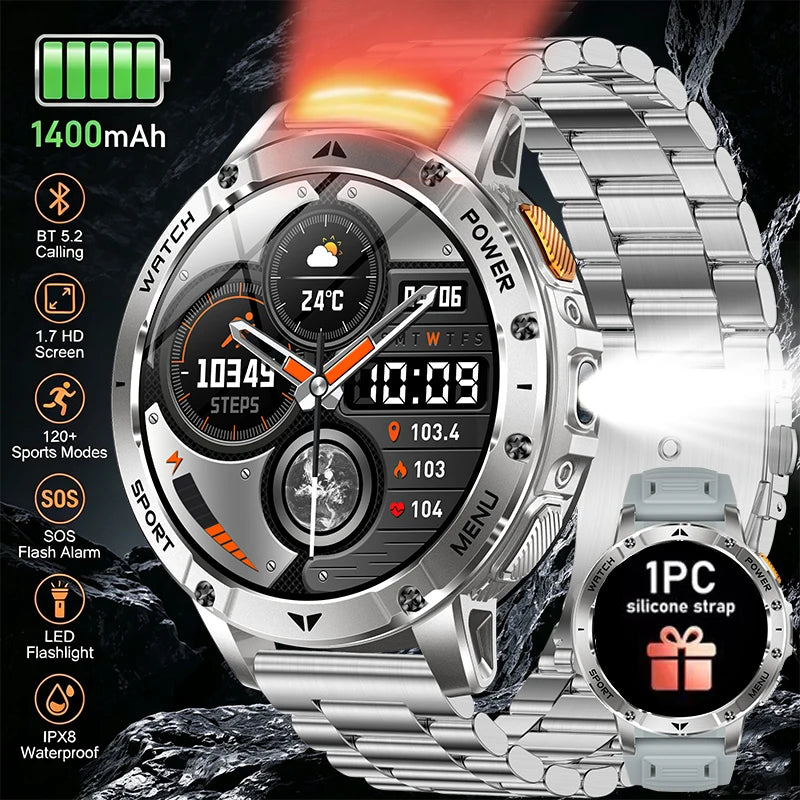 Smart Watch 1400mAh Battery 1.7'' IPS Screen 120+ Sports SOS Strobe Alarm IPX8 Waterproof LED Light BT Call Men Women Xmas Gift