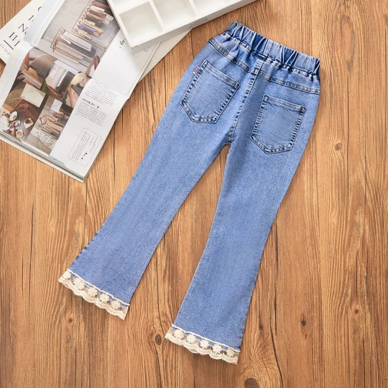 Girls Jeans Fashion Lace Elastic Waistline Denim Flared Pants Autumn Solid Color Trousers Teenager Spring Kid Girl Clothes 1-12Y