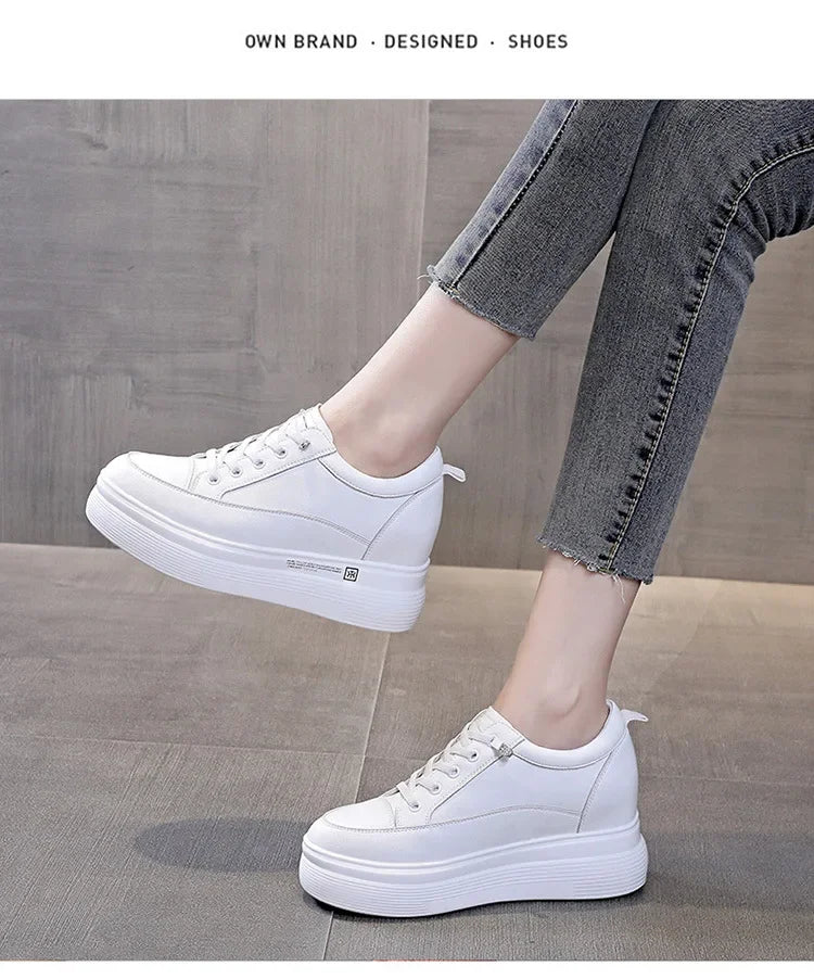 7cm Women Shoes Genuine Leather White Air Mesh Sneakers Chunky Shoes Platform Wedge Spring Autumn Breathable Summer Shoes 40