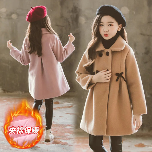 New Warm Outerwear Fashion Winter Girls Woolen Coats Kids Windproof Clothing Woolen Solid Colour Jackets Teens Long Coats