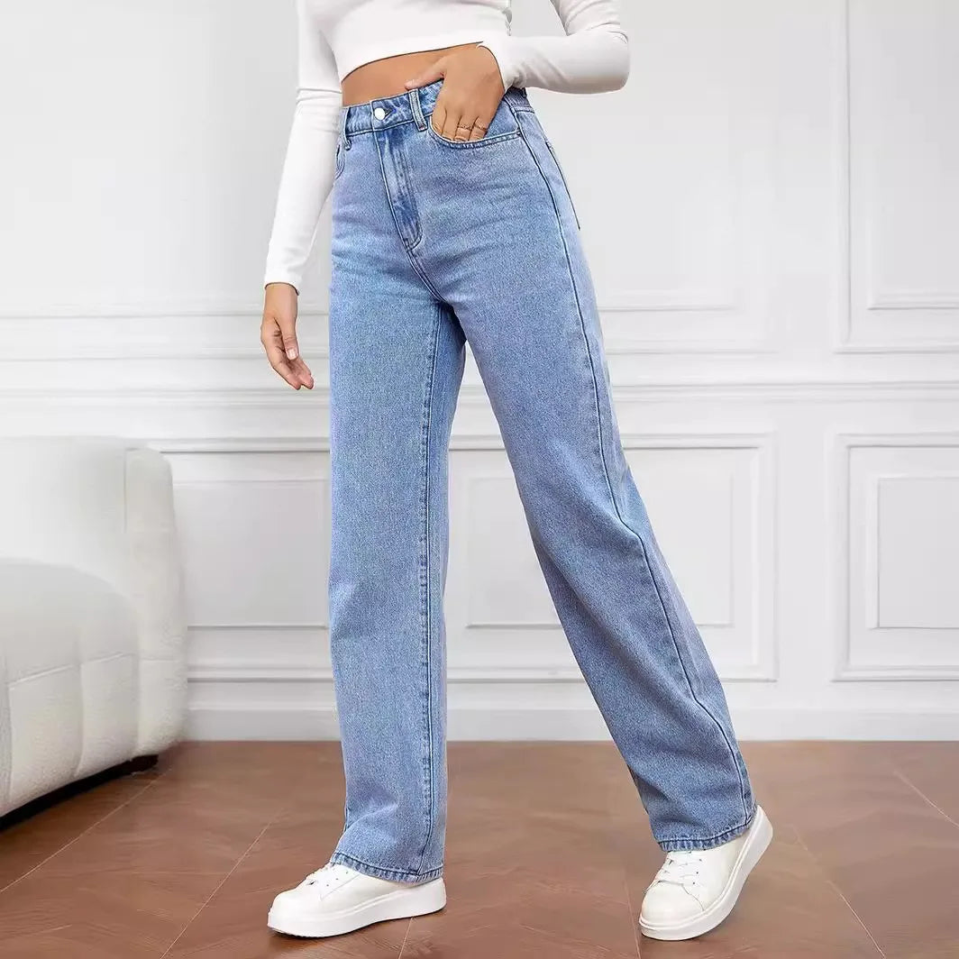 Fashionable Lady's Jeans - Summer High-Waisted Slim-Fitting Comfortable Solid-Color Women's Straight-Leg Long Pants
