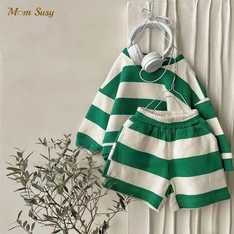 Baby Girl Boy Cotton Striped Clothes Set Hoodie and Shorts 2pcs Infant Toddler Child Tracksuit Spring Autumn Summer 1-7Y