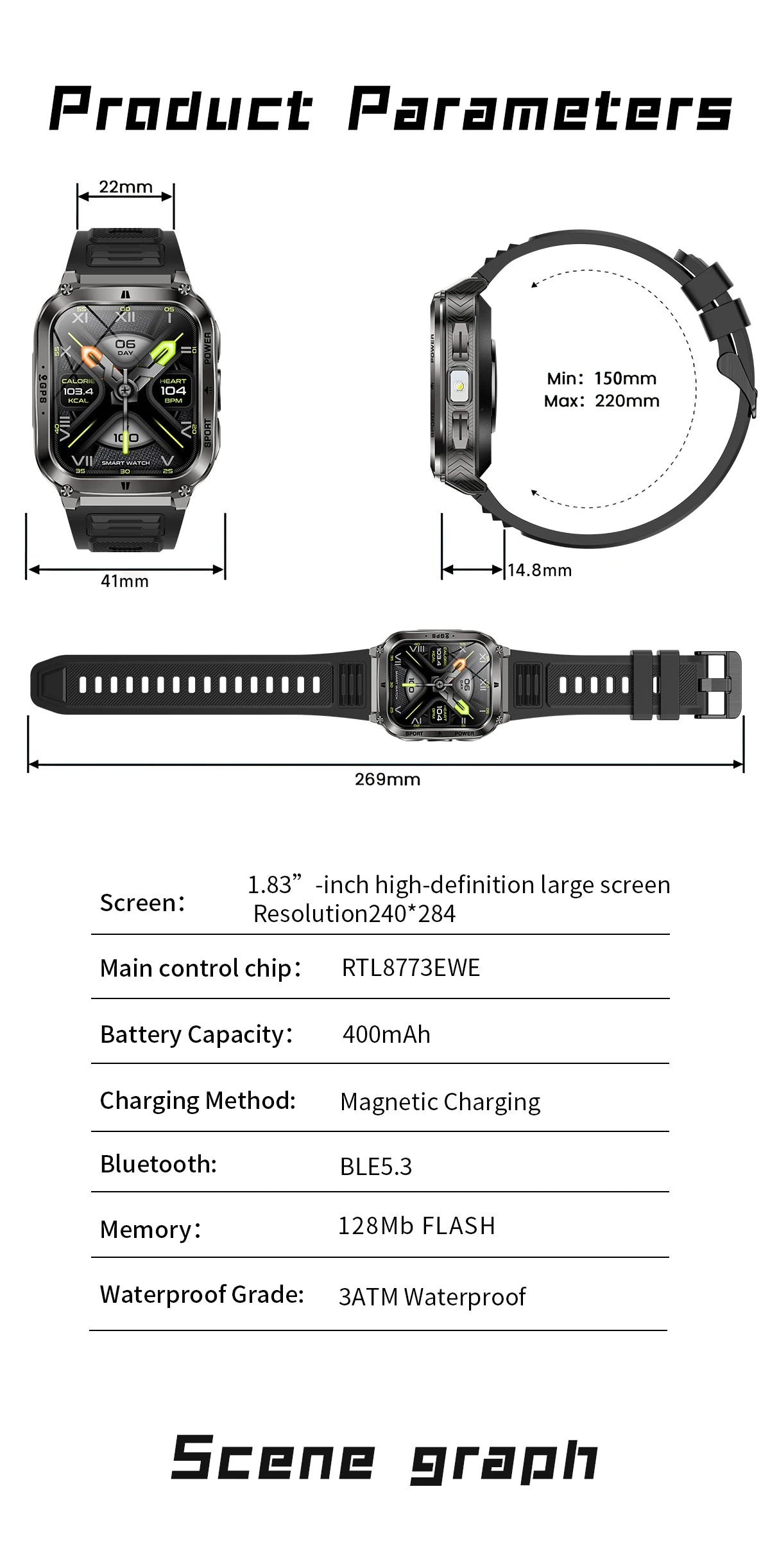 Smart Watch Men Women 1.83" AMOLED Screen 1000mAh Bluetooth Call Sports Fitness Bracelet IP68 Waterproof Smartwatch For Android