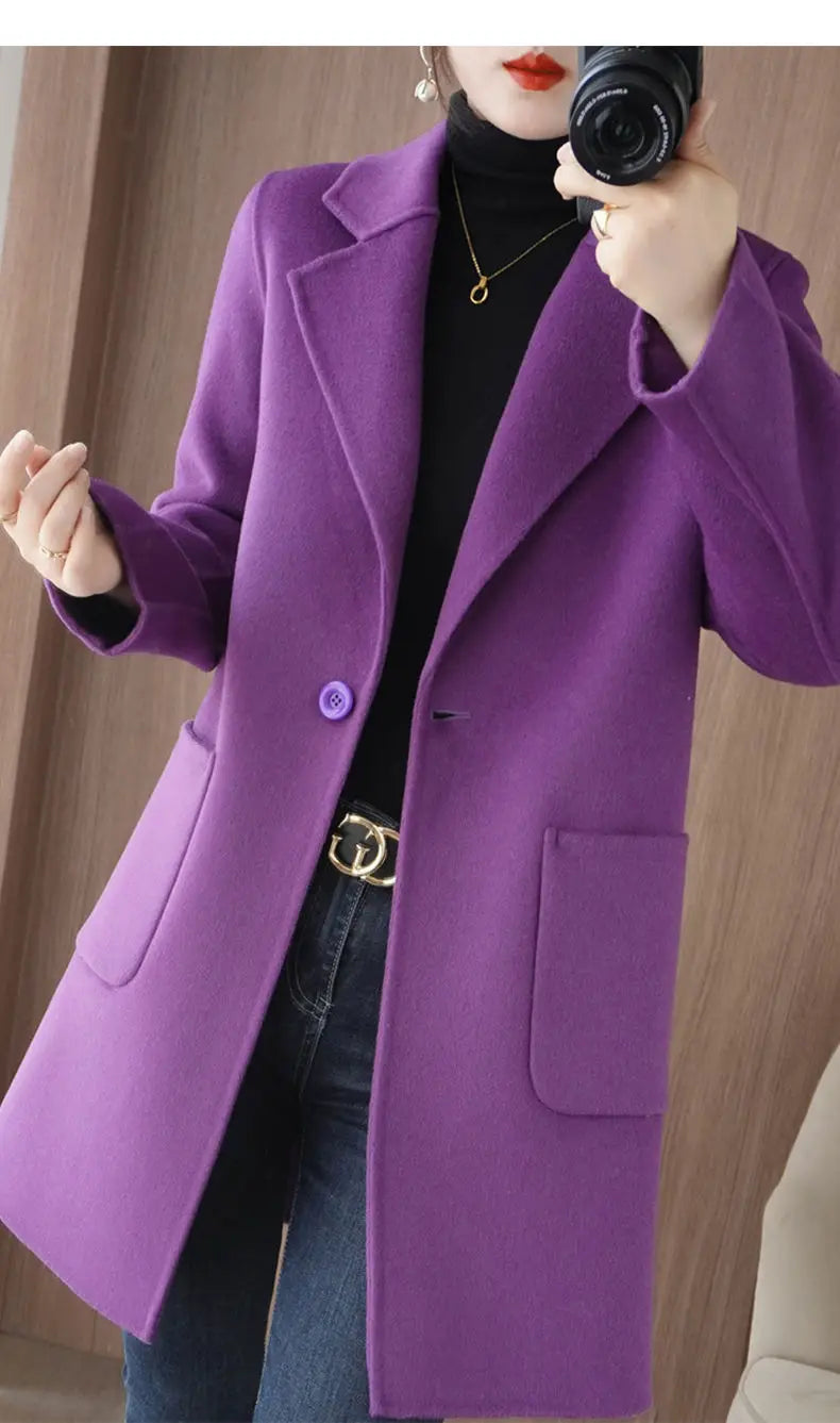 100% Pure Wool Double-Sided Cashmere Jacket Women Overcoat  Autumn Winter New Mid-Length One-Button Slim Wool Windbreakers coat