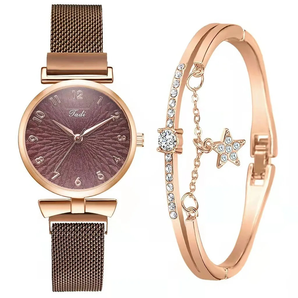 Fashion Women Watches Luxury Leather Buckle Flower Rhinestone Watch Ladies Quartz Wrist Watch Bracelet Set Reloj Mujer