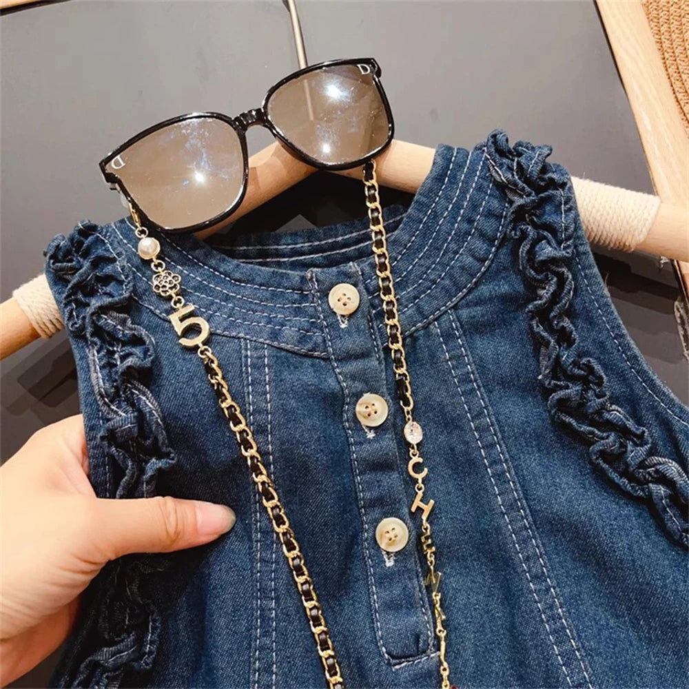 Bear Leader 2-7 Years Korean Style Girl's Sweet Dress 2024 New Summer Sleeveless Wood Ear Edge Solid Color Denim Dress