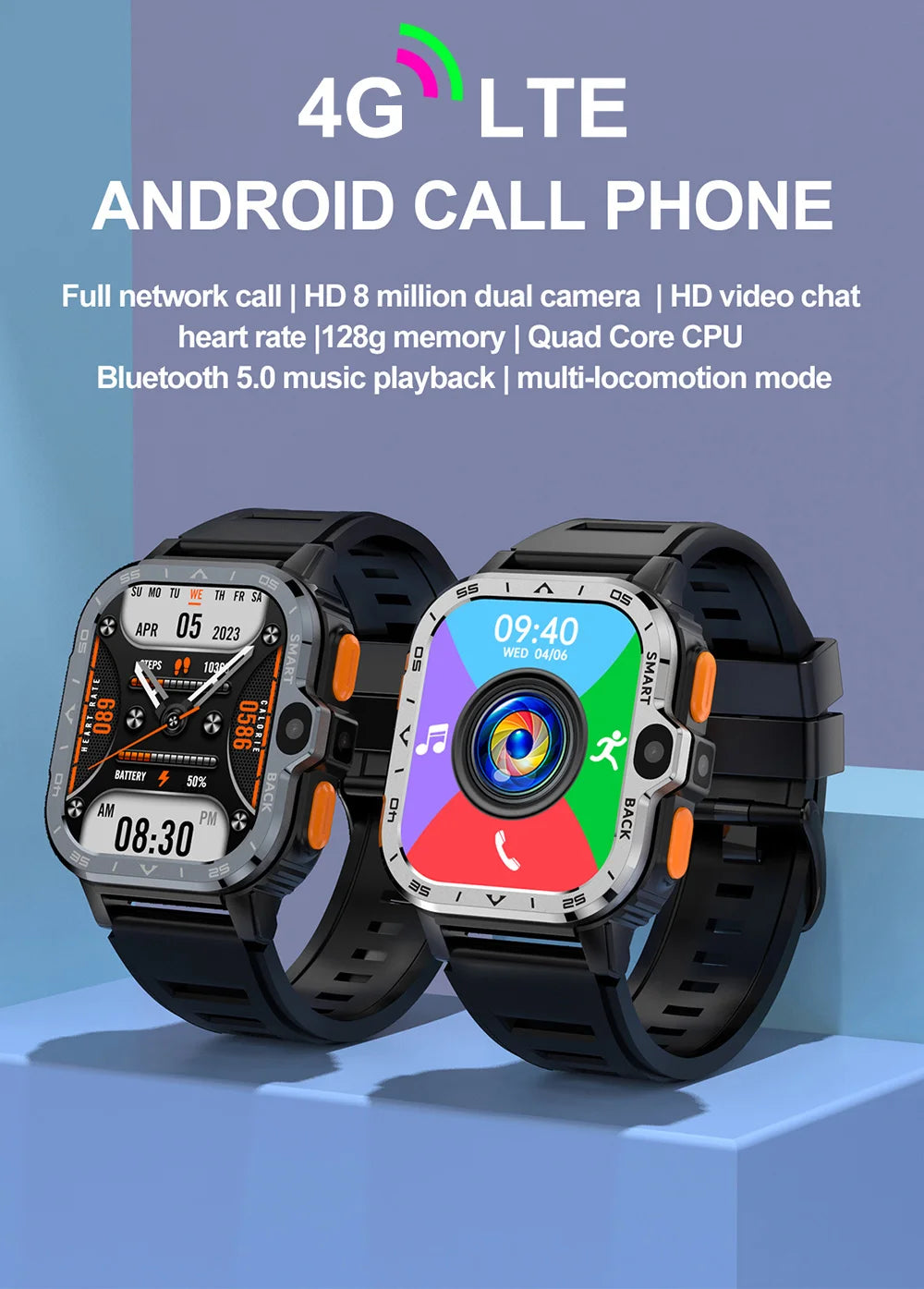 4G LTE Smartwatch Built-in GPS That Combines Video Voice and Wi-Fi Calls Messaging NFC 2 Cameras Google Play Smart Watch for Men