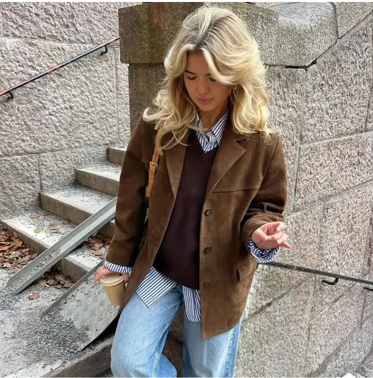 2026 Winter Women Elegant Jacket with Lapel Casual Single Breasted Pocket Long Sleeve Short Coat Street Overcoat Vintage Top
