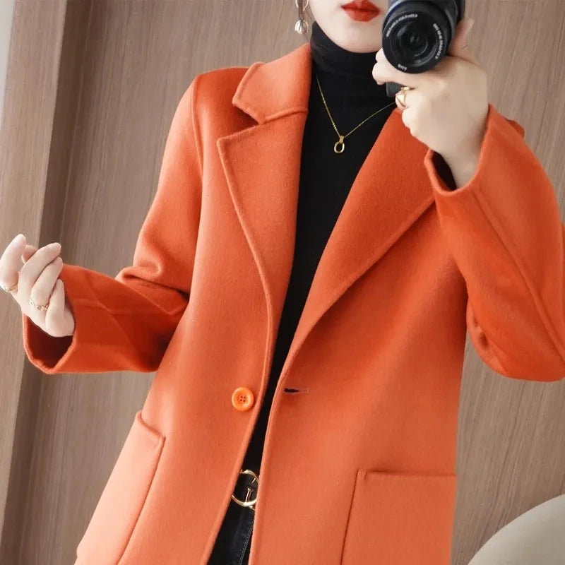 100% Pure Wool Double-Sided Cashmere Jacket Women Overcoat  Autumn Winter New Mid-Length One-Button Slim Wool Windbreakers coat