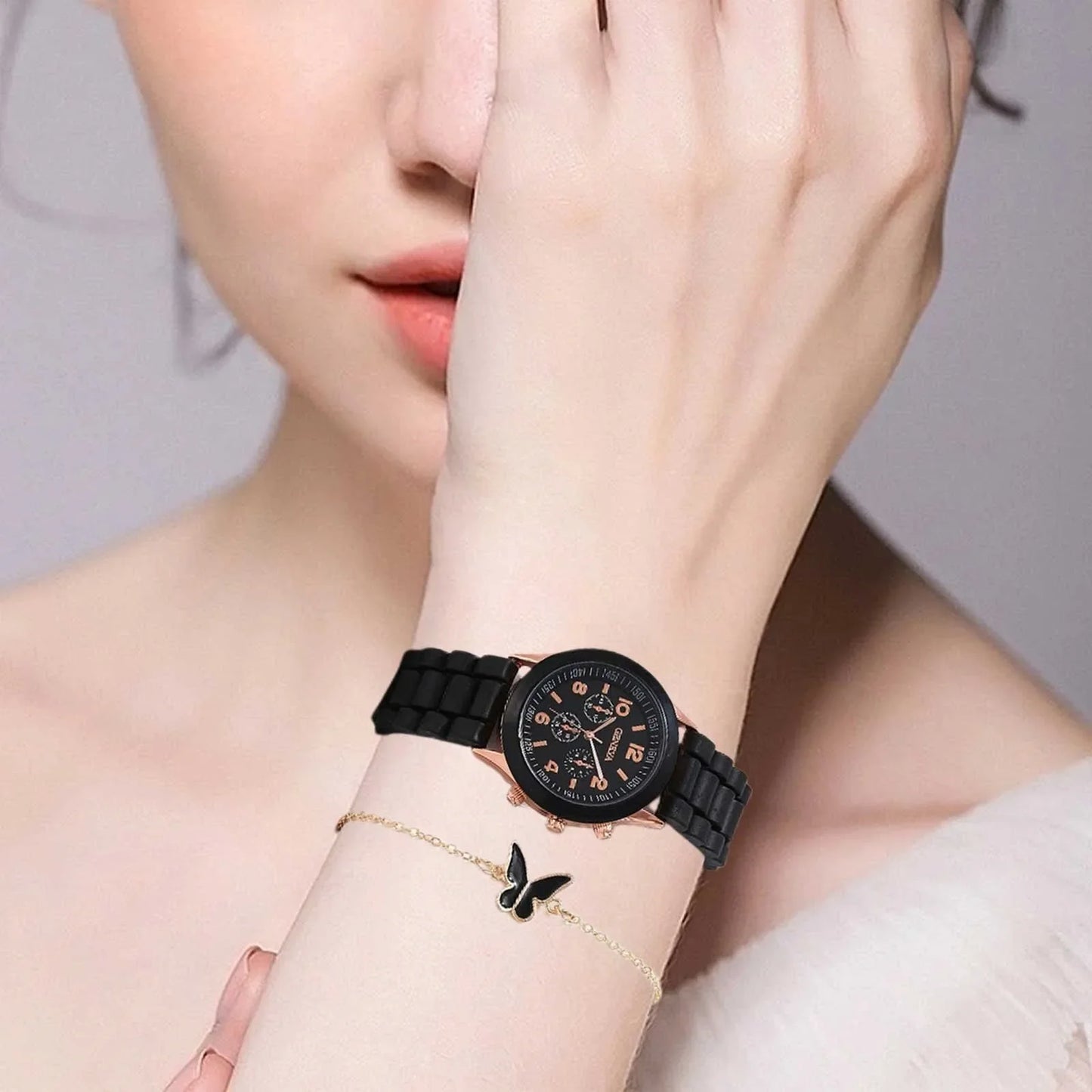 5PCS Set Luxury Watch Women Ring Necklace Earrings Rhinestone Fashion Wristwatch Female Casual Ladies Watches Bracelet Set Clock