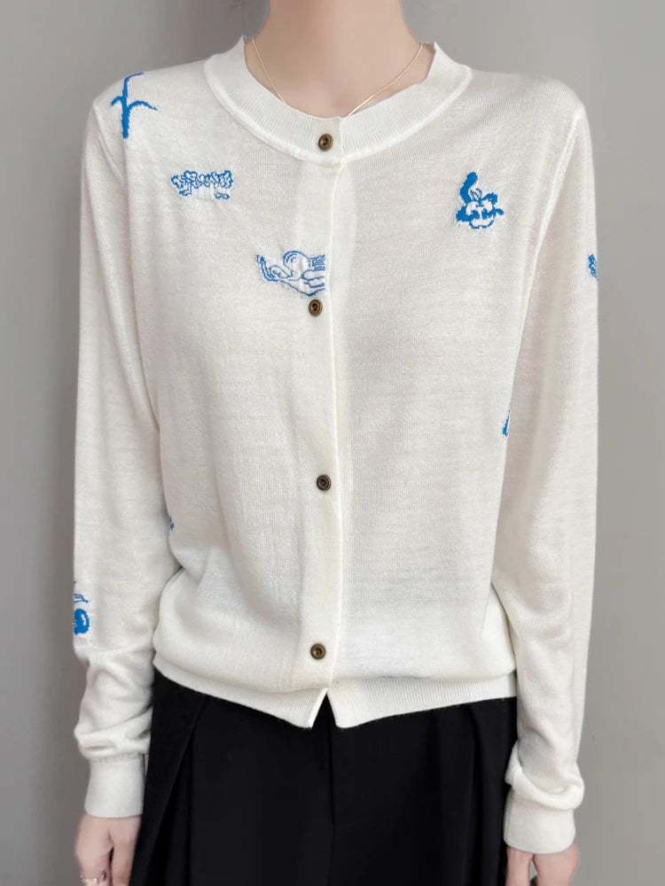 2025 New Merino Worsted Wool Women Sweater Spring Female Knitted Cardigan Long Sleeve Solid Clothing Tops Embroidery Outerwear