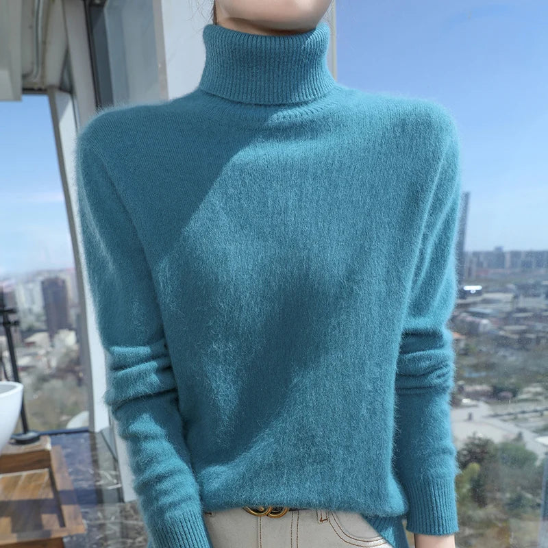 100% Mink Cashmere Top-Lapel Women Sweater Long-sleeves Fashion High-elasticity Sexy Winter Knitted Pullover Girl Tops 2024
