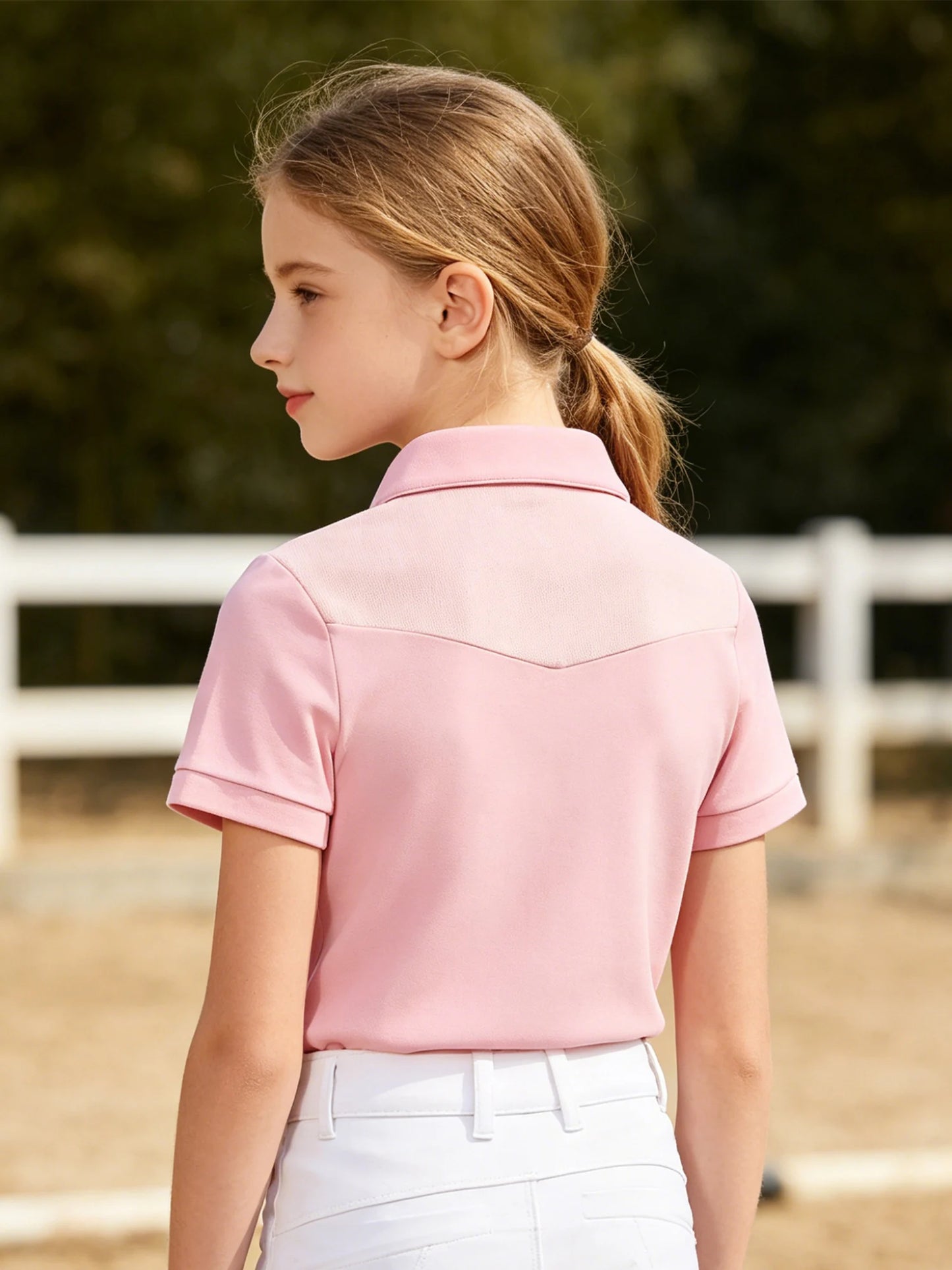 Kids Girls Horse Riding Shirts Short Sleeve Turn Down Collar Buttons T-shirt Closure Design Equestrian Costumes Sports Tops