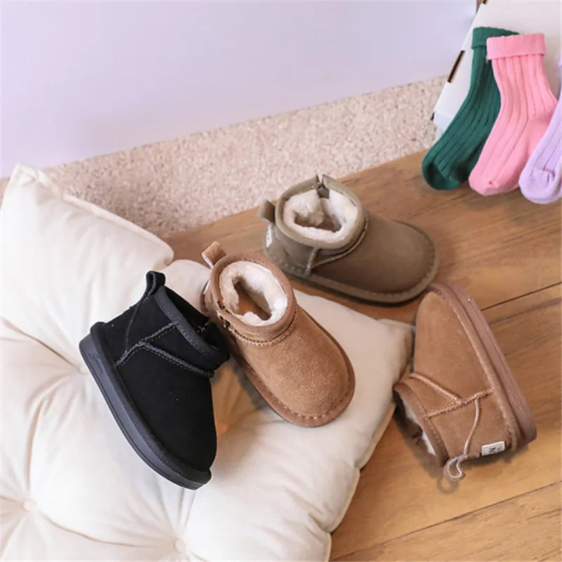 2025 New Winter Baby Snow Boots leather Warm Plush Little Boys Shoes Non-slip Fashion Toddler Girls Boots