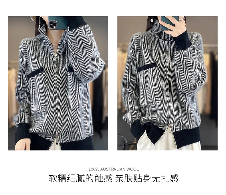 100% Merino Wool Women Sweater Casual Turtleneck Fancy Yard Cardigan Female Knitwear Long Sleeve Cashmere Overcoat Clothing Tops