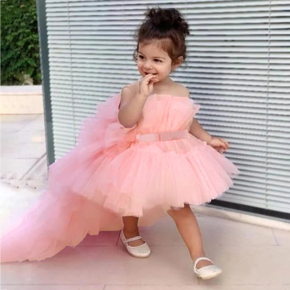 Vestido de encaje rosa de verano para niña pequeña, vestidos de princesa para fiesta de primer cumpleaños para niña, Vestido de boda Formal hinchado