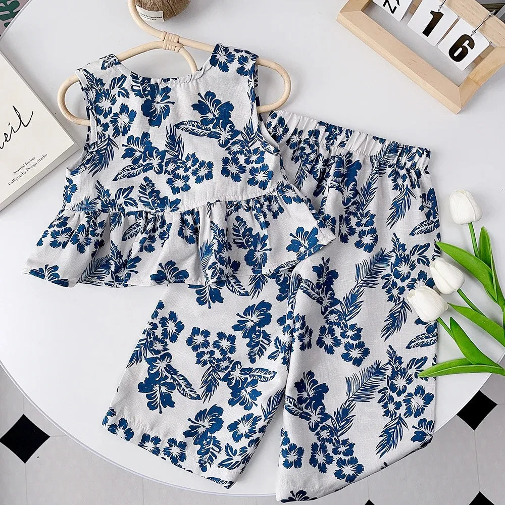 Bear Leader Girls Netflix Tops Wide-legged Pants Set Summer 2026 New Fashion Temperament Retro Floral Two-piece Girls Clothing