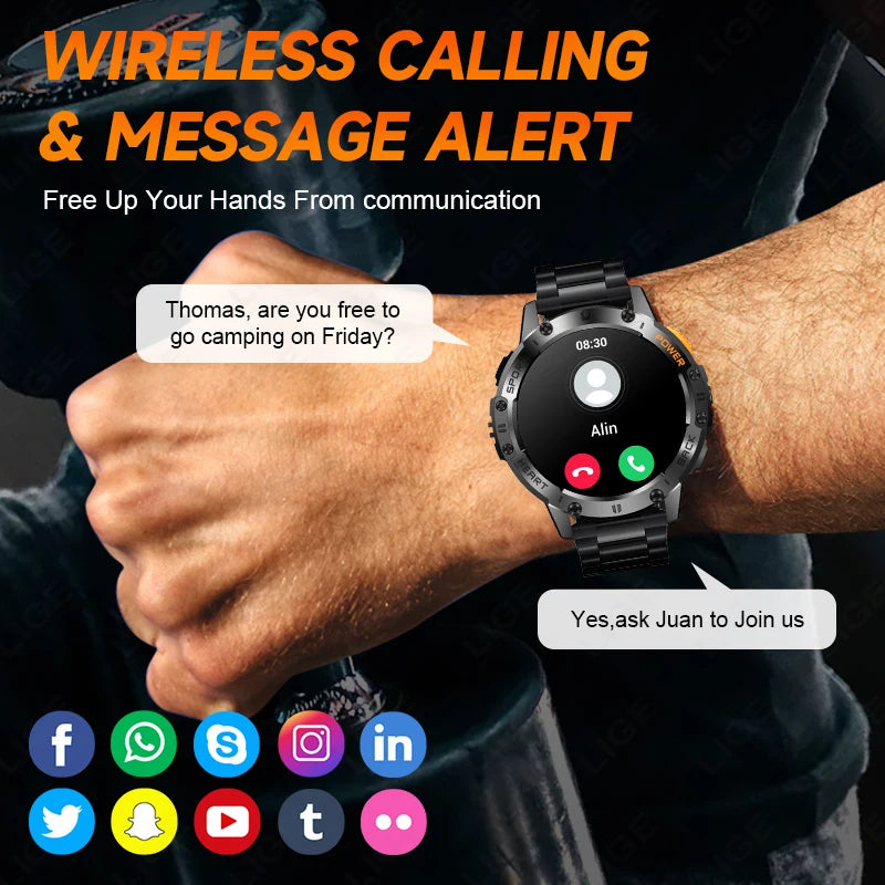LIGE New AMOLED Smart Watch Men with Flashlight Sports Waterproof Fitness Tracker Bluetooth Call Smartwatch Man For Android ios