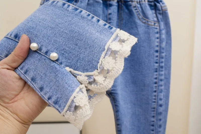 Girls Jeans Fashion Lace Elastic Waistline Denim Flared Pants Autumn Solid Color Trousers Teenager Spring Kid Girl Clothes 1-12Y