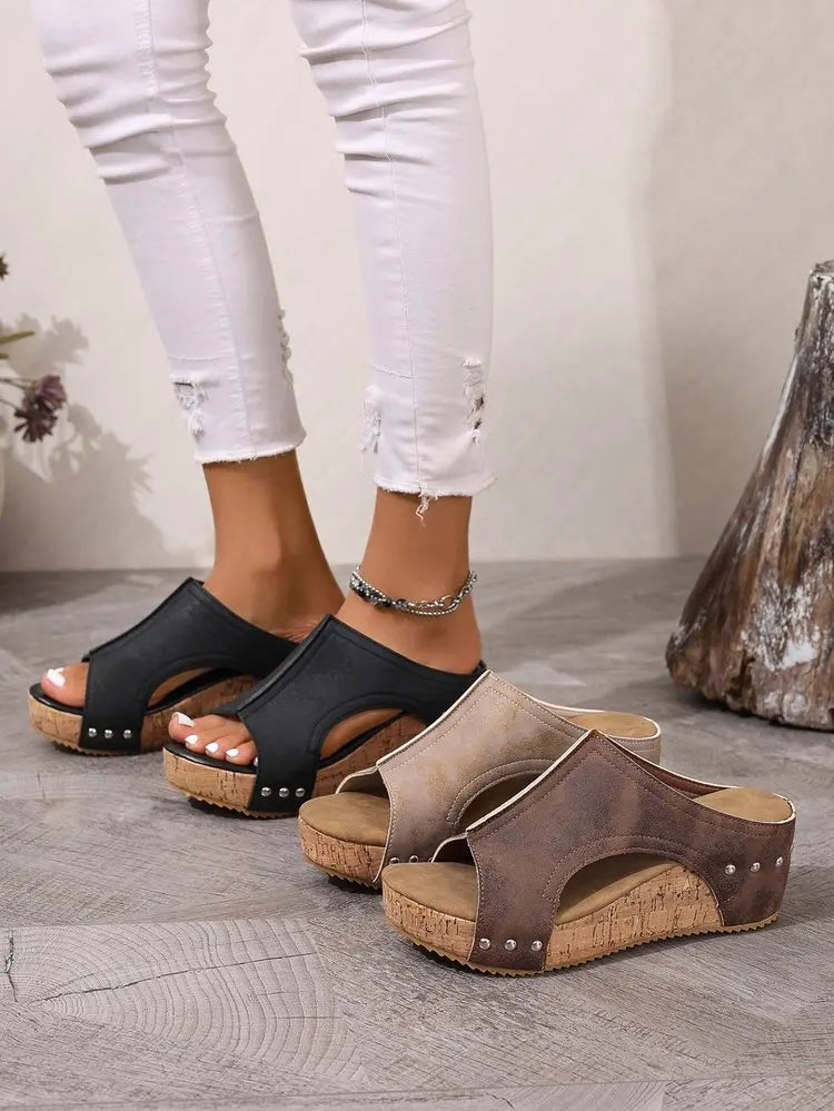 Women's Fashion Wedge Sandals Cork Platform Mules Open Toe Studded Slide Sandals Casual Summer High Heel Slides for Women Ladies