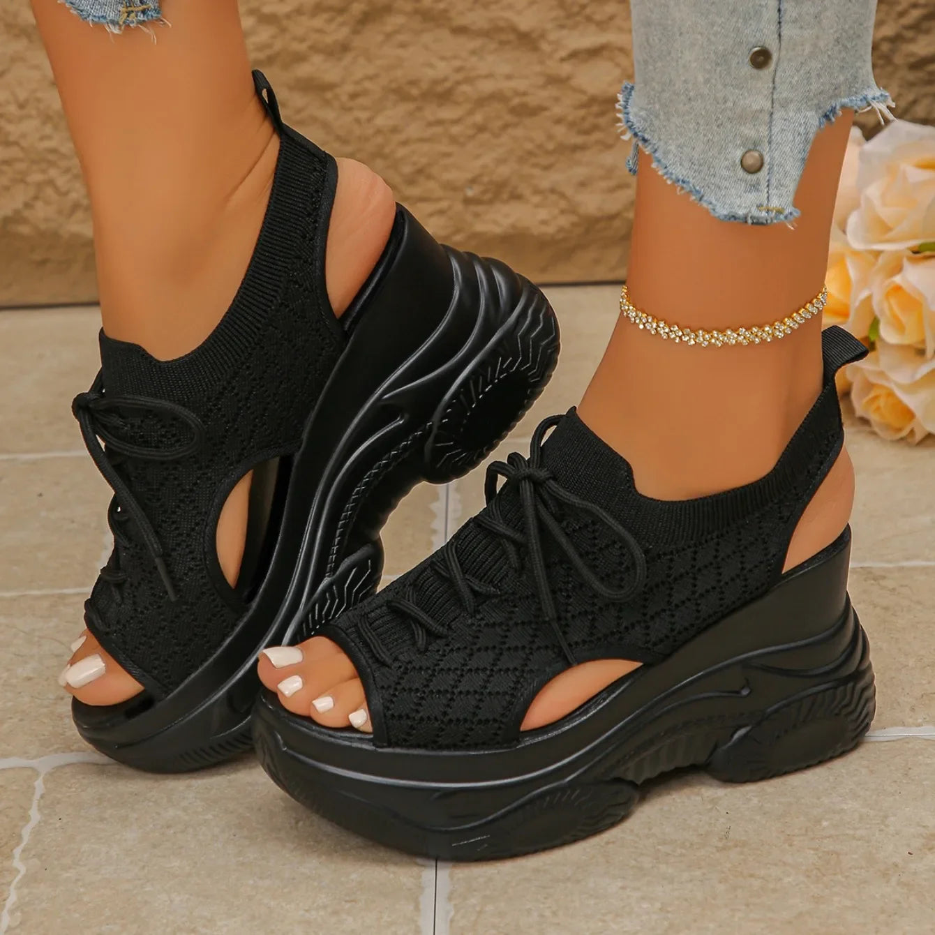Women Sandals Non-slip Thick-soled Lace-up Casual Shoes for Women Summer Fashion Comfortable Sandals Round-toe Wedge Roman Shoes