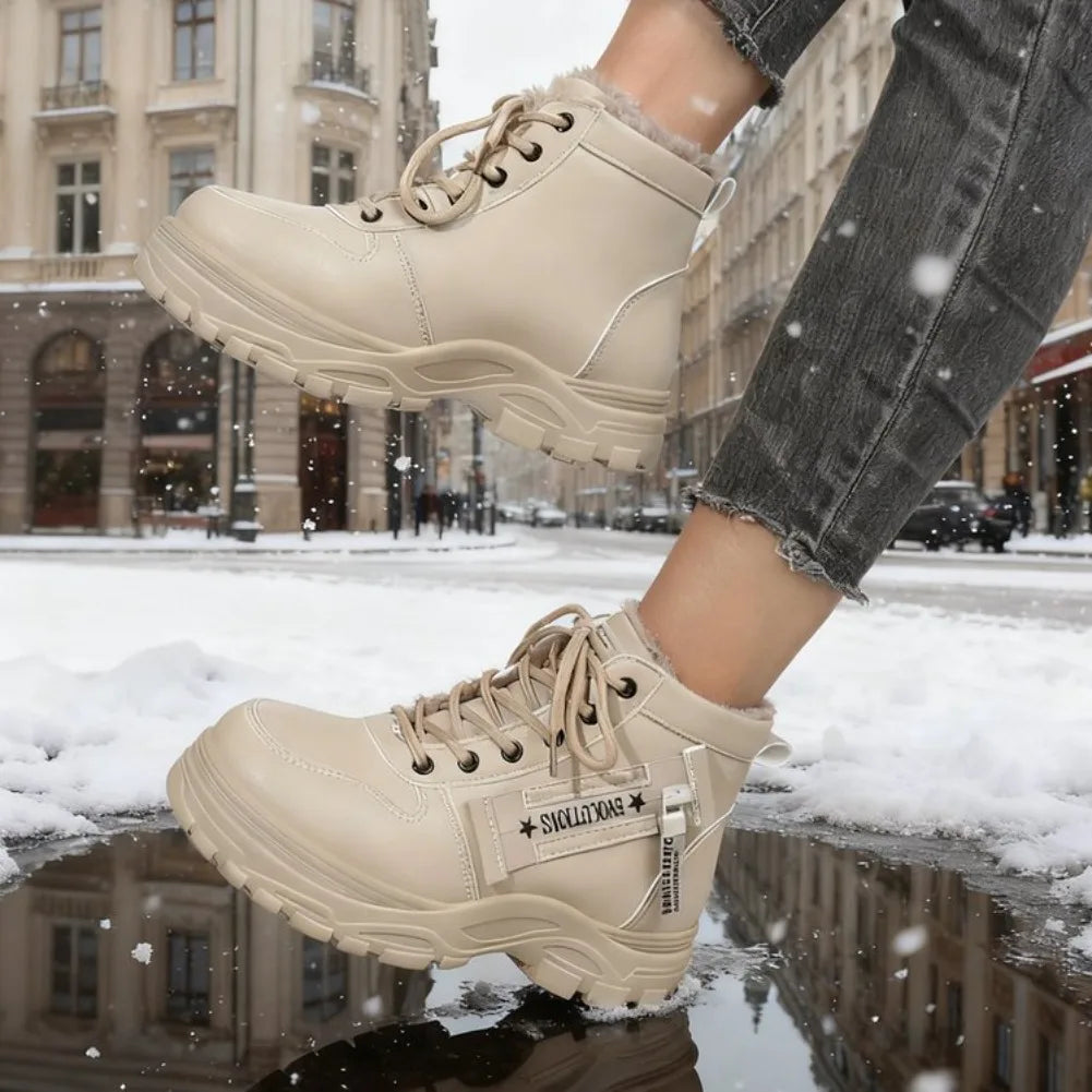 Women's Winter Snow Boots Warm Plush Lined Lace Up Chunky Platform Sneaker Booties Side Zipper Outdoor Walking Shoes for Ladies