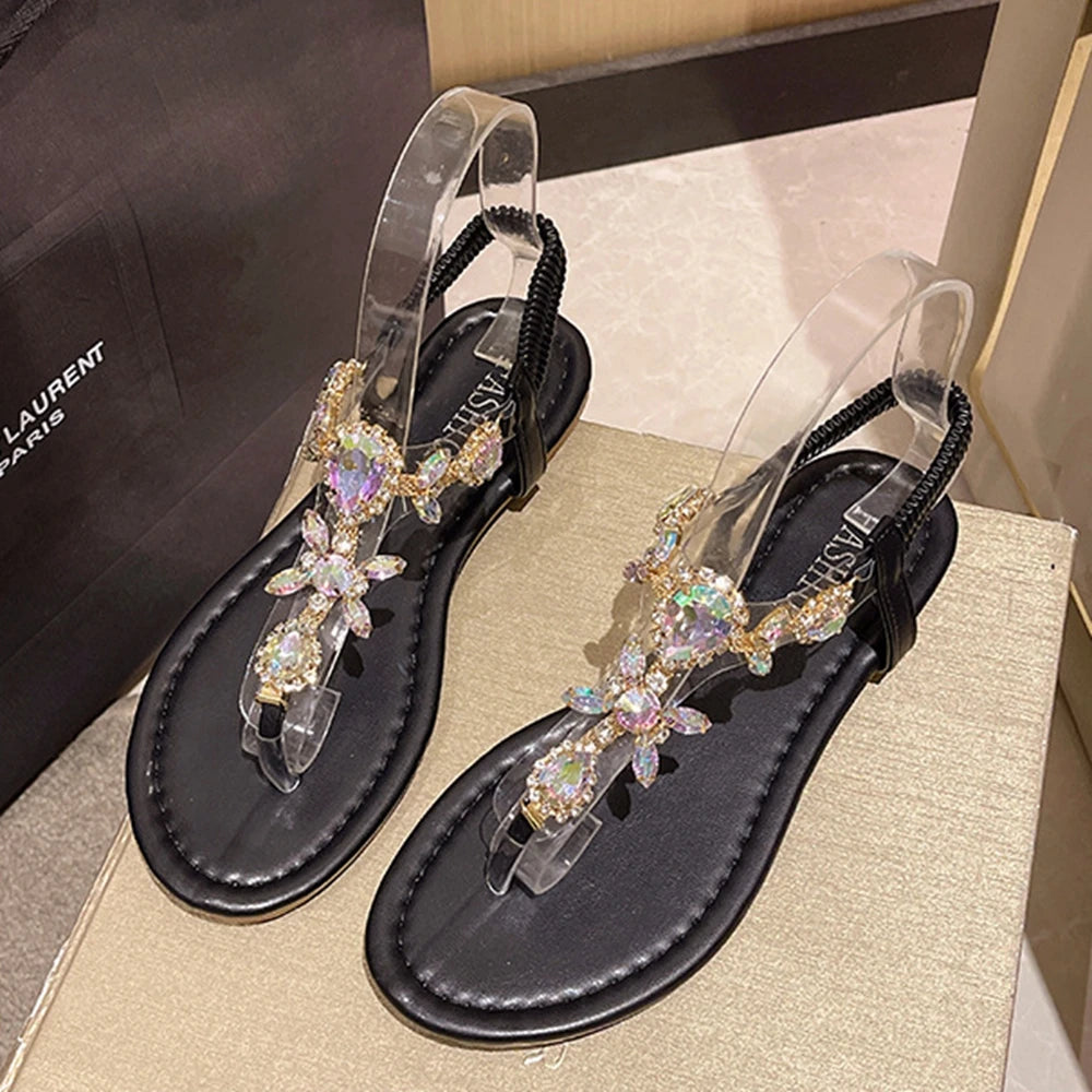 Women Bling Gem Stone Toe Post Sandals Outdoor Flats Shoes Summer Back Elastic Strap Going Out Beach White Sandals