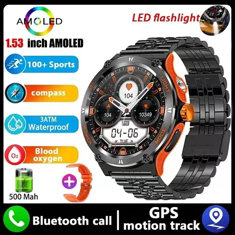 New Flashlight watch For  GPS NFC Smart Watch Men  AMOLED Screen Heart rate Bluetooth Call IP68 Waterproof Man Watch 500mAh