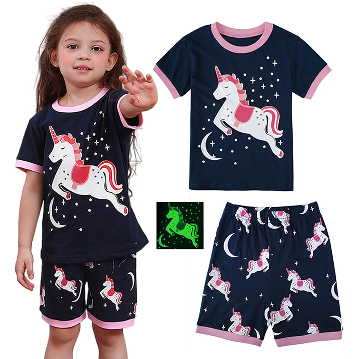 Kids Girls Unicorn Pajamas Set Toddler Summer Cotton Sleepwear Cartoon Birthdday Gift Short Sleeve Nightwear Clothes 3-10Y