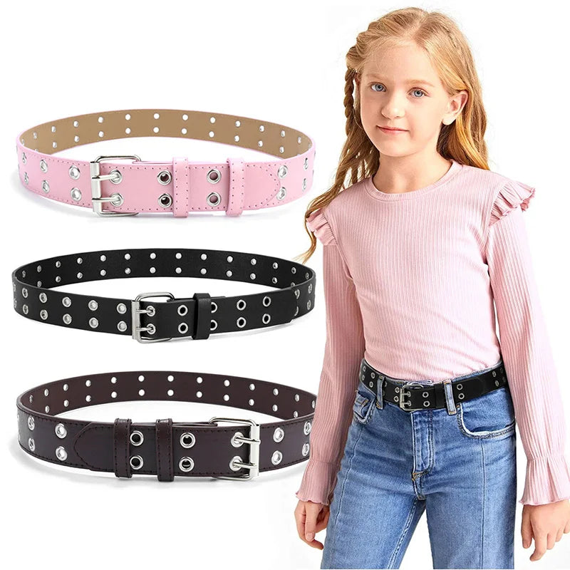 Punk PU Leather Belt for Child Double Holes Metal Pin Buckle Kids Waist Strap Boys Girls Jeans Pants Black Waistband