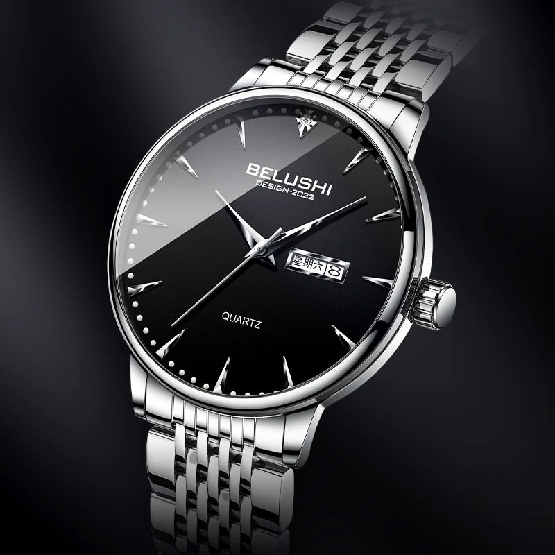 BELUSHI Simple Business Men Watches New Silver Stainless Steel Waterproof Male Wristwatch Luxury Date Brand Clocks Relógios