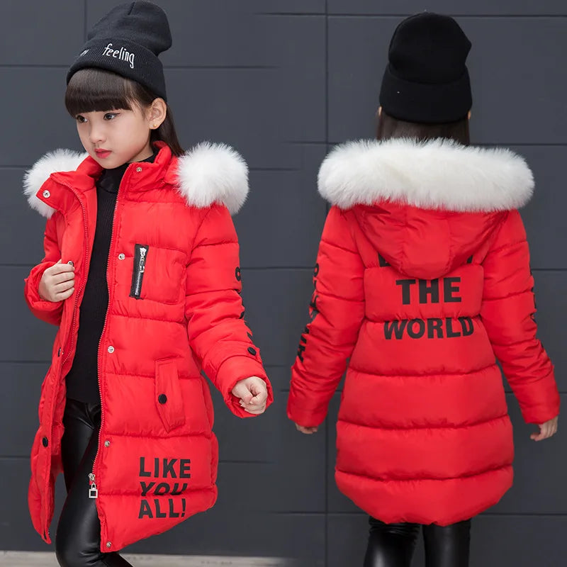 Winter Warm Jackets for Girls Fashion Fur Hooded Children Girls Waterproof Outwear Kids Cotton Lined Parkas