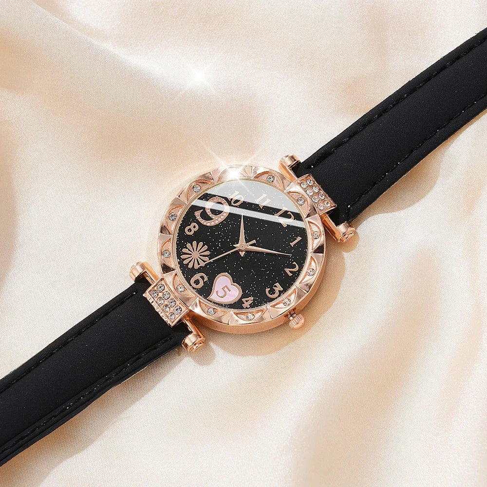 6PCS Set Watch for Women Luxury Leather Analog Ladies Quartz Wrist Watch Fashion Bracelet Watch Set Female Relogio Feminino Gift