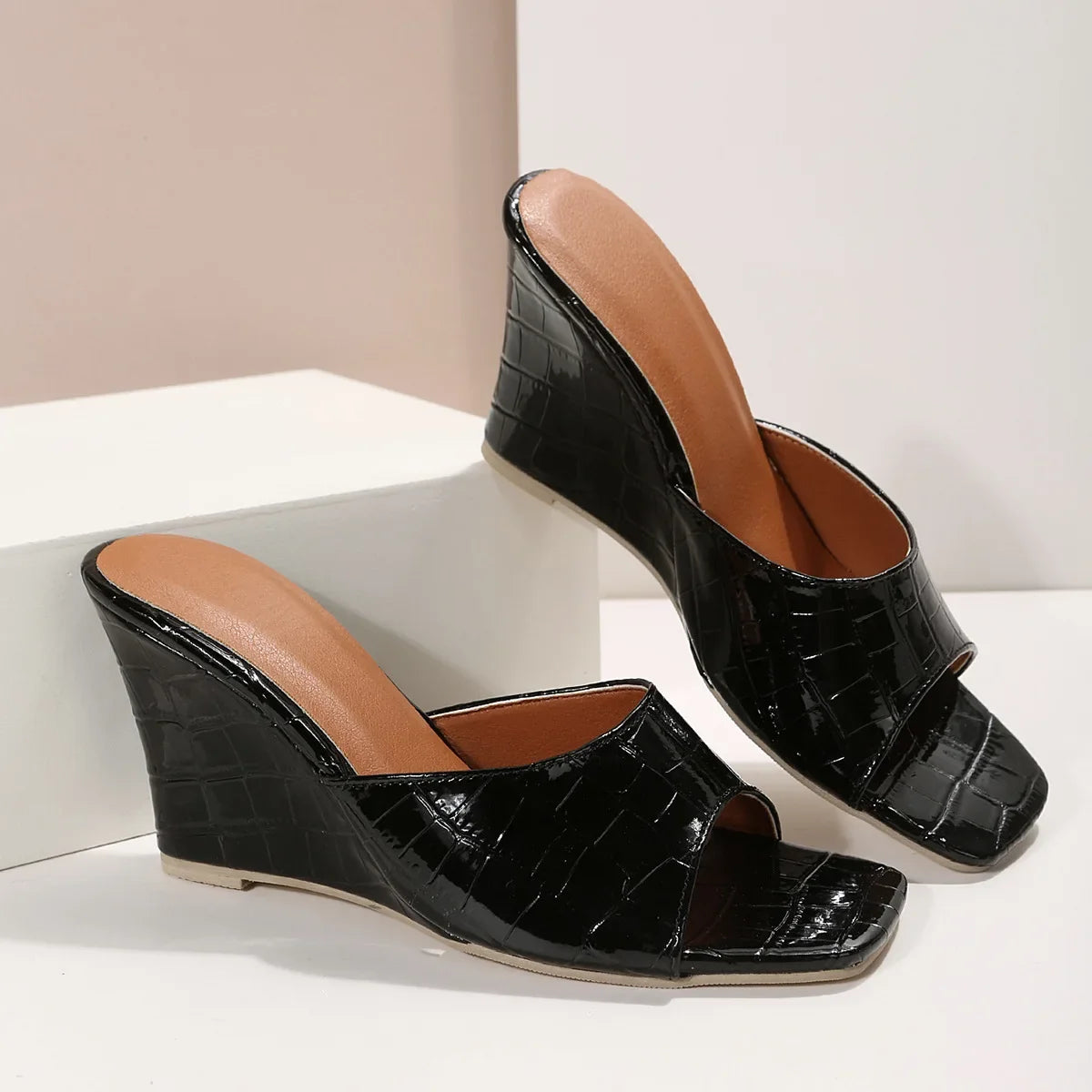 Snake Print Leather Wedges Shoes For Women Mules Slippers Summer Square Toe High Heels Gladiator Sandals Slides 2023