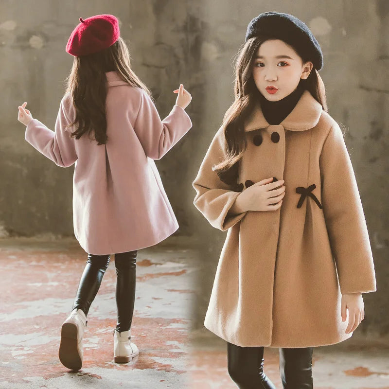 New Warm Outerwear Fashion Winter Girls Woolen Coats Kids Windproof Clothing Woolen Solid Colour Jackets Teens Long Coats