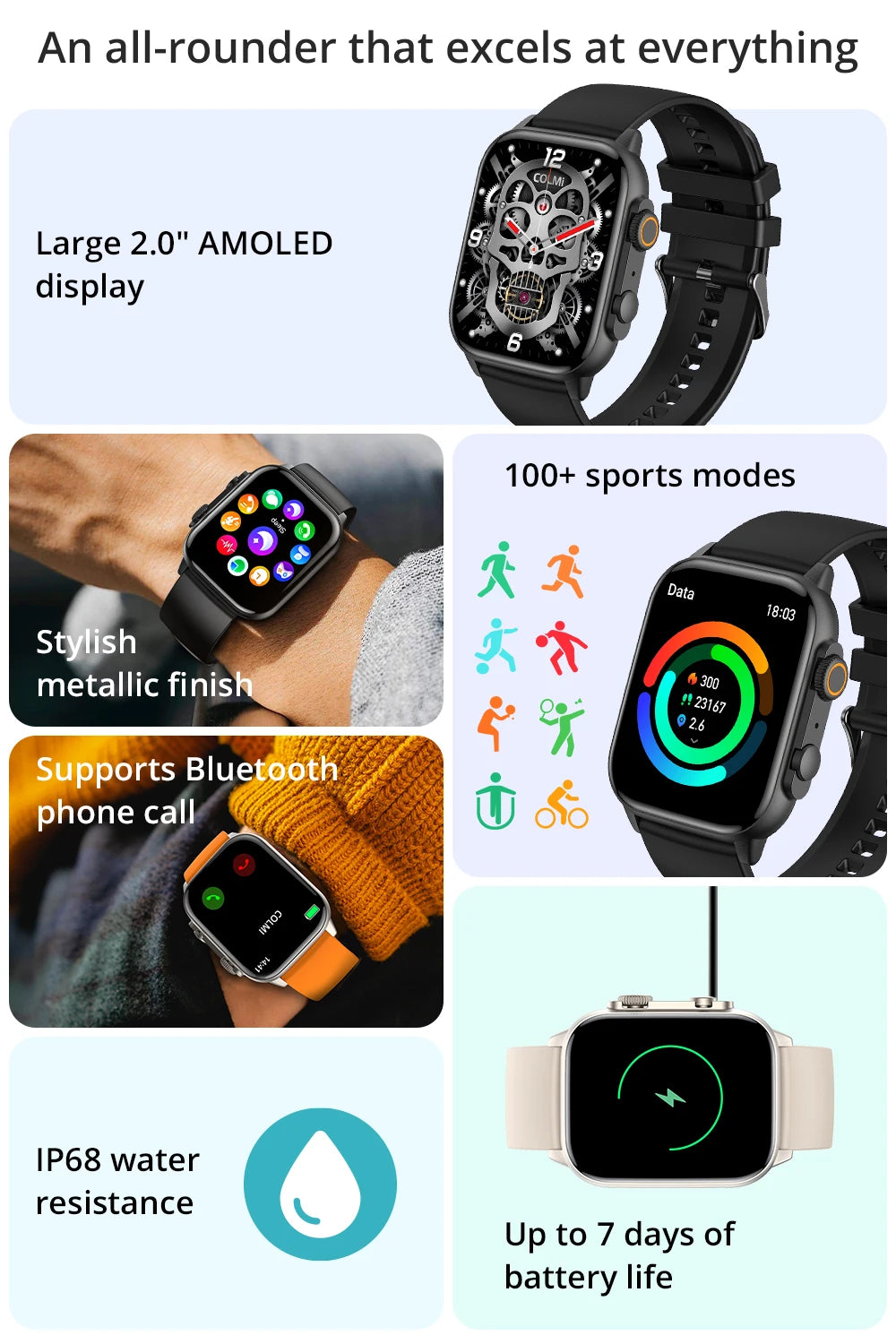 COLMI C81 2.0'' AMOLED Smartwatch Support AOD, 100 Sports Modes, IP68 Waterproof Smart Watch Men Women PK Ultra Series 8