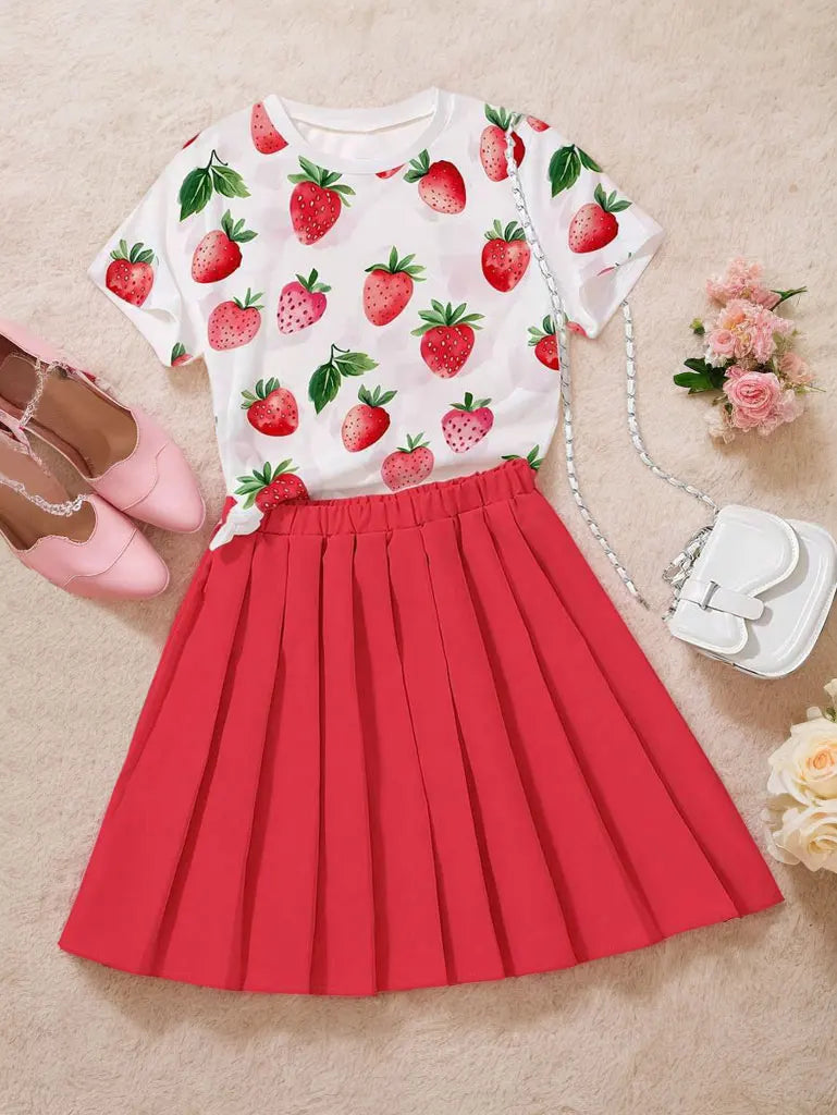 Girls Summer 7-14Y Round Neck Strawberry Print Short Sleeve Solid Red Pleated Skirt 2-Piece Outfit for Daily Casual Kids Cute