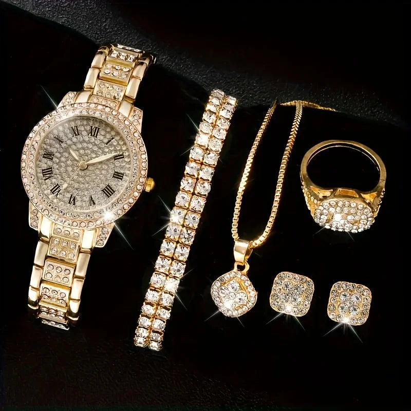 Glamorous 6pcs/set Womens Luxury Rhinestone Quartz Watch with Rome Numerals - Stylish Analog Wrist Jewelry Set