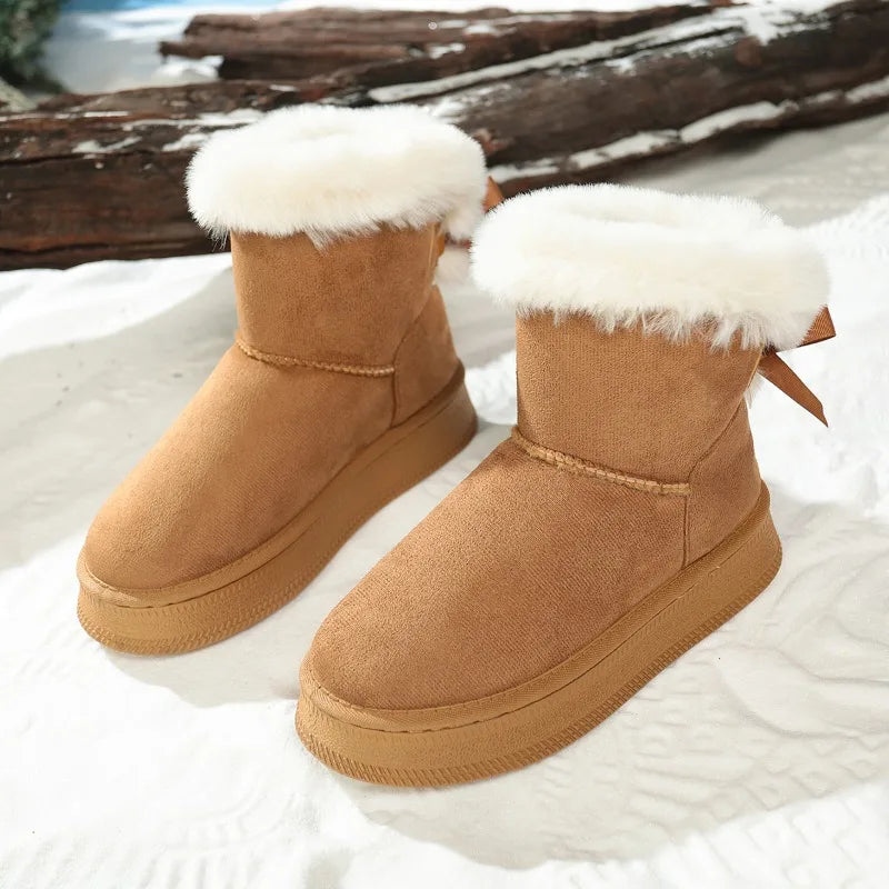 Winter New Snow Boots Fashion Round Toe Bow Suede Sleeve Platform Non-Slip Warm Cotton Boots
