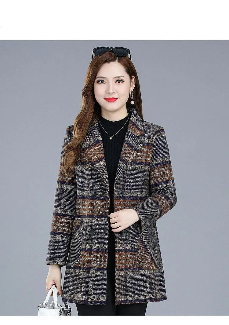 Mother's clothing Plaid Woolen Jacket 5xl Autumn Winter Female Thicken Slim Middle length Outwear Korea Women's Casual Wool Coat
