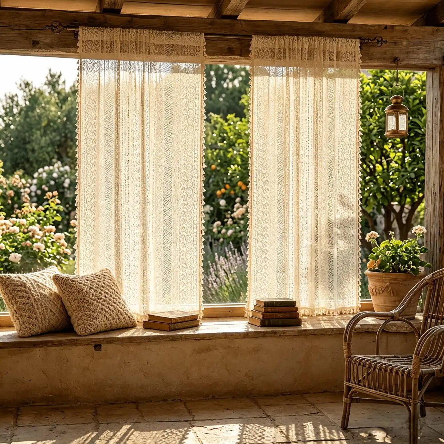 2 Pieces/Set Boho Geometric Hollow Lace Sheer Curtains with Tassel Vintage Patio Door Curtain for Farmhouse Sunroom Kitchen Cafe