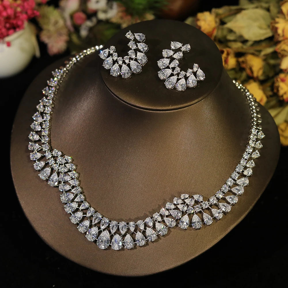 ASNORA Luxury Sparkling Zircon Geometric Design Wedding Necklace Jewelry Sets Bijoux Femme Ensemble  X0610