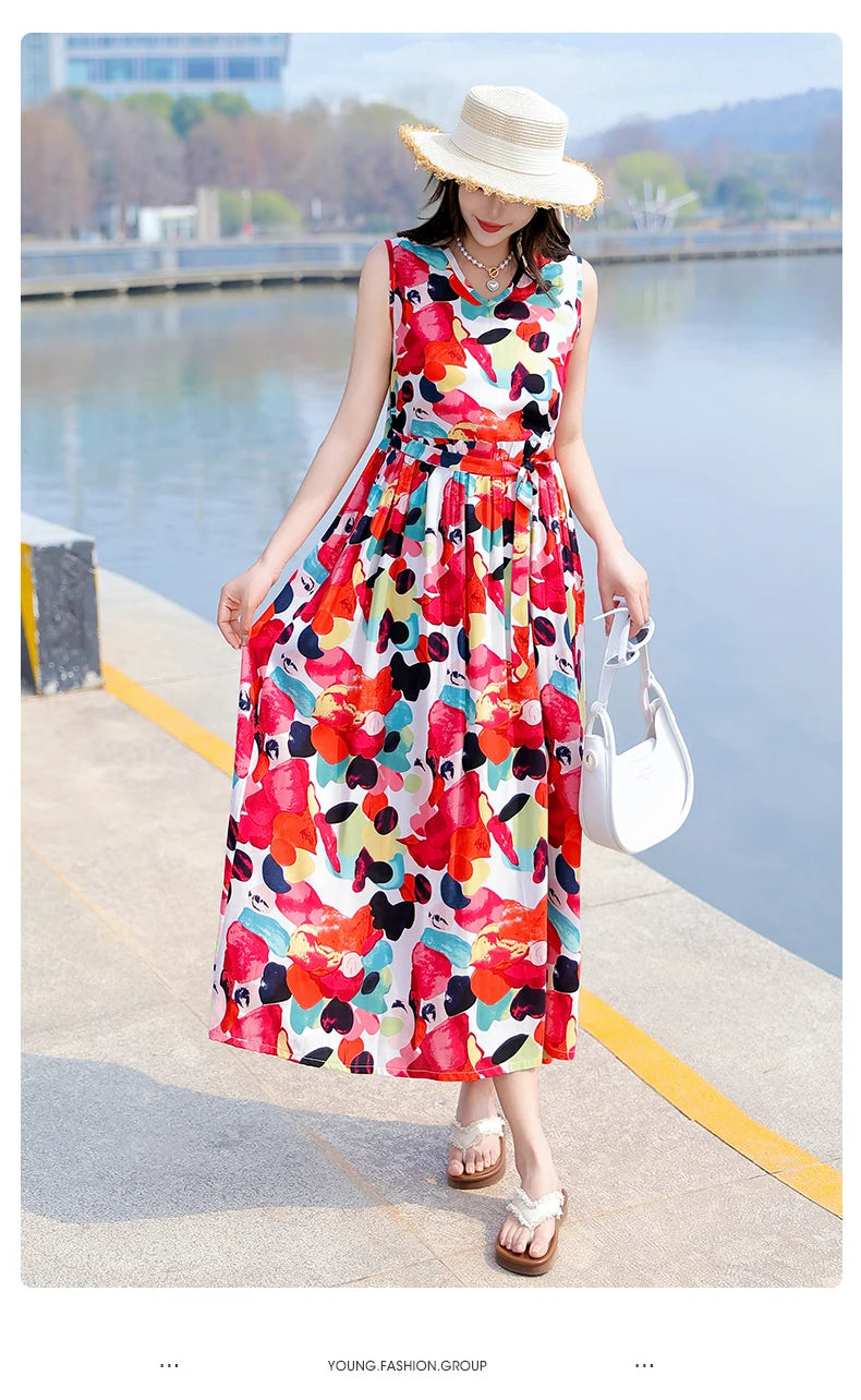 Spring Summer Dresses Fashion Female Sleeveless printed Casual Dress Women A-line Dresses Vestidos