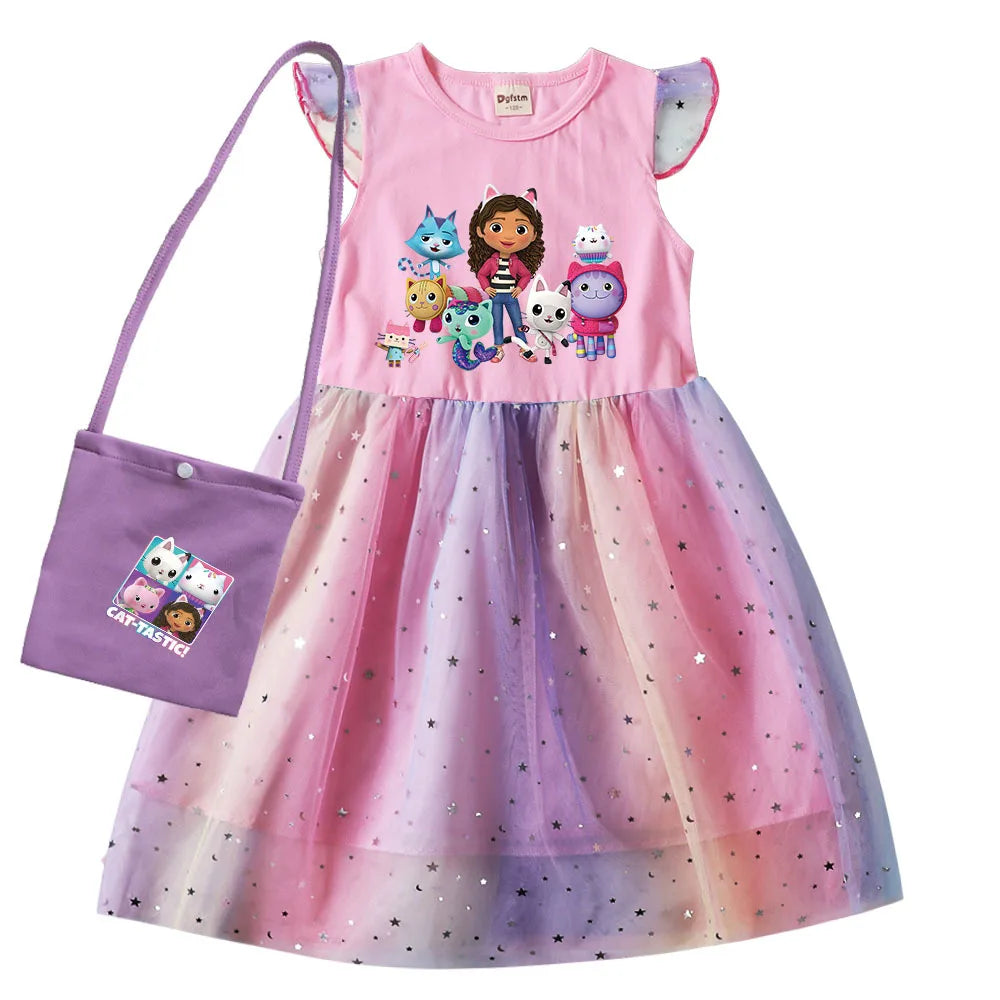 Gabby Cats Clothes Kids Short Sleeve Dresses Toddler Girls Gabbys Dollhouse Rainbow Birthday Party Dress Baby Sequin Vestidos