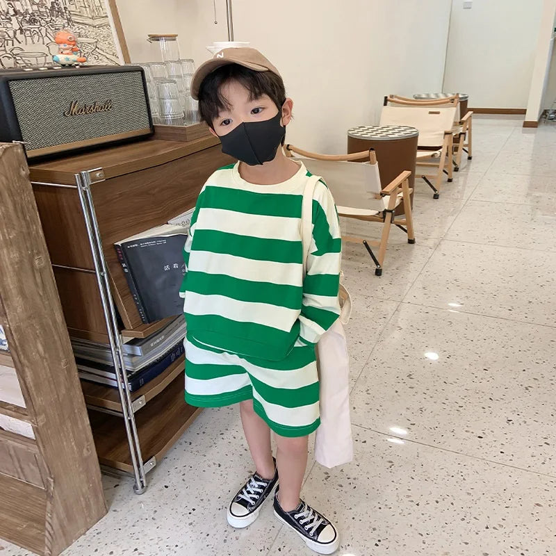 Baby Girl Boy Cotton Striped Clothes Set Hoodie and Shorts 2pcs Infant Toddler Child Tracksuit Spring Autumn Summer 1-7Y